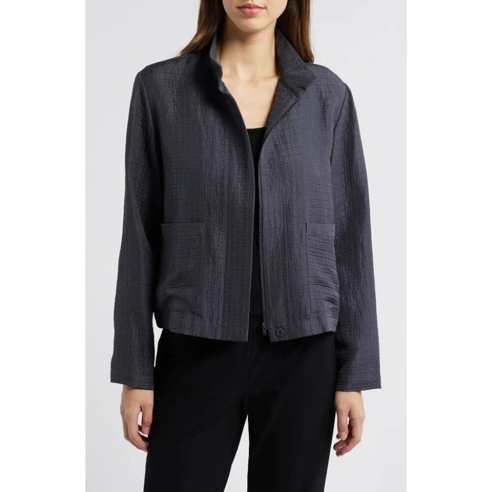 Eileen Fisher Womens Mandarin Collar Textured Zip Jacket Size M Gray Relaxed Fit